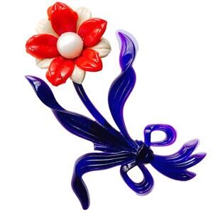 VTG Mid Century Red White Blue Lucite Thermoset Flower Brooch 40s 50s Patriotic